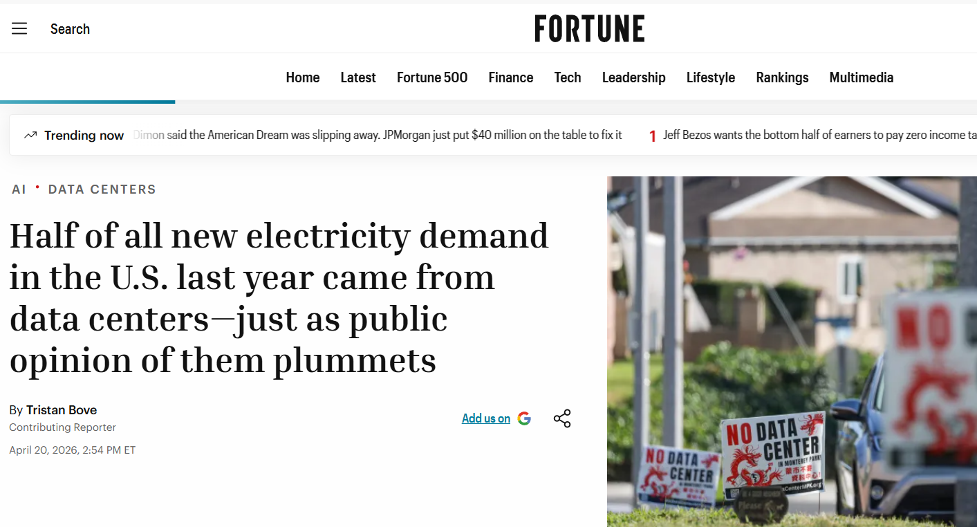 Fortune: Half of all new electricity demand in the U.S. last year came from data centers — just as public opinion of them plummets.